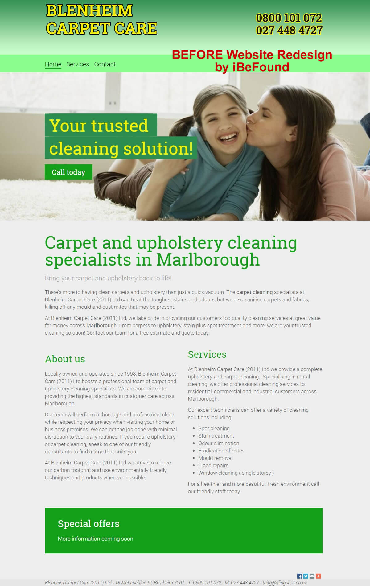Homepage of Blenheim Carpet Care Before Website Redesign by iBeFound
