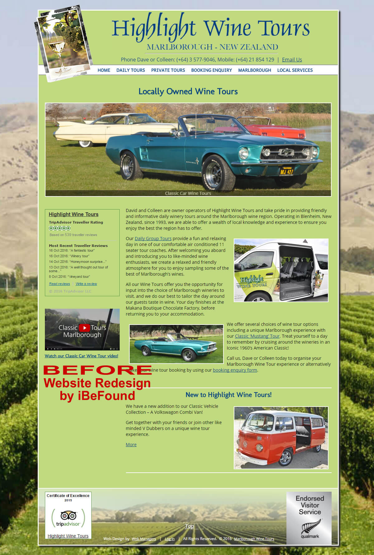 Homepage Of Highlight Wine Tours Before Website Redesign By iBeFound Digital Marketing Division