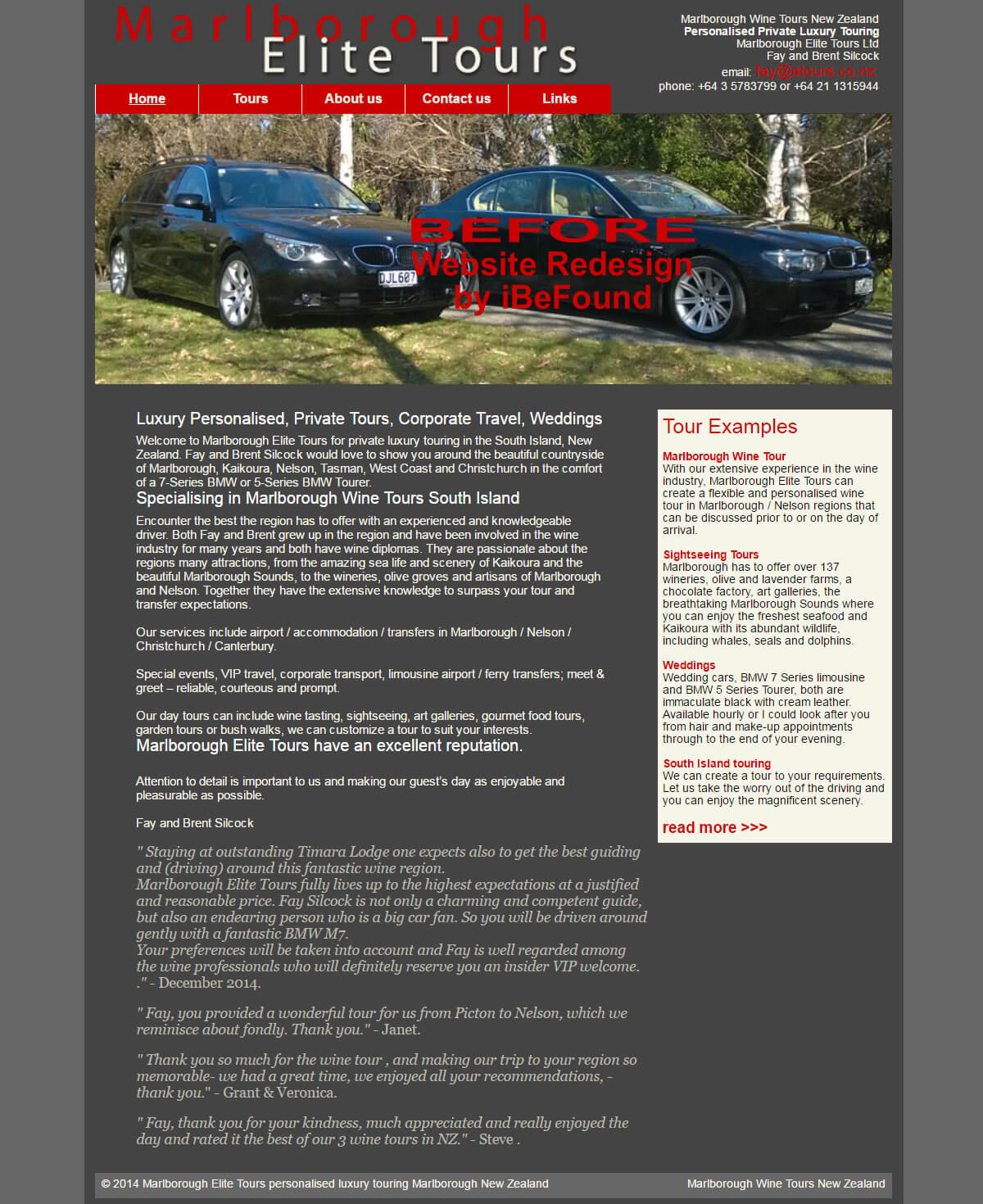 Homepage Of Marlborough Elite Tours Before Website Redesign By iBeFound Digital Marketing Division