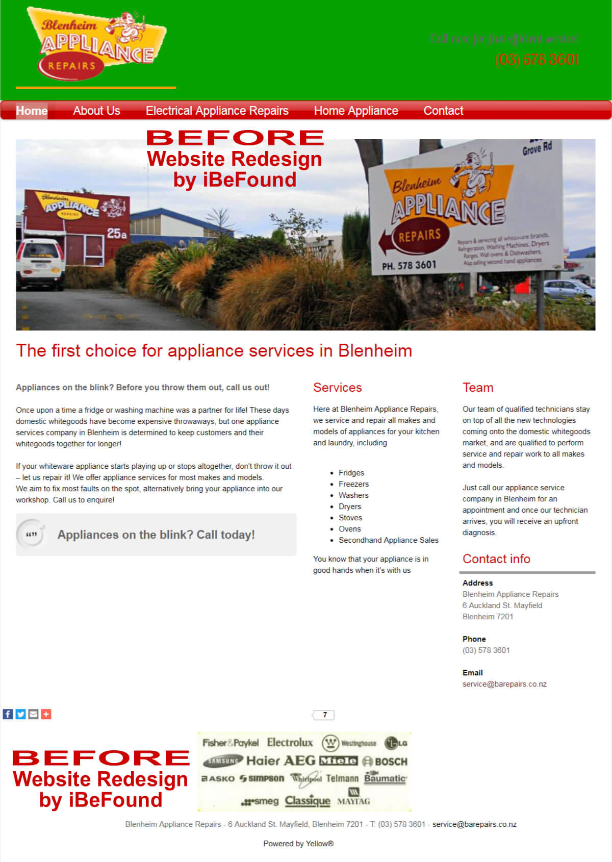 Homepage Of Blenheim Appliance Repairs Before Website Redesign By IBeFound