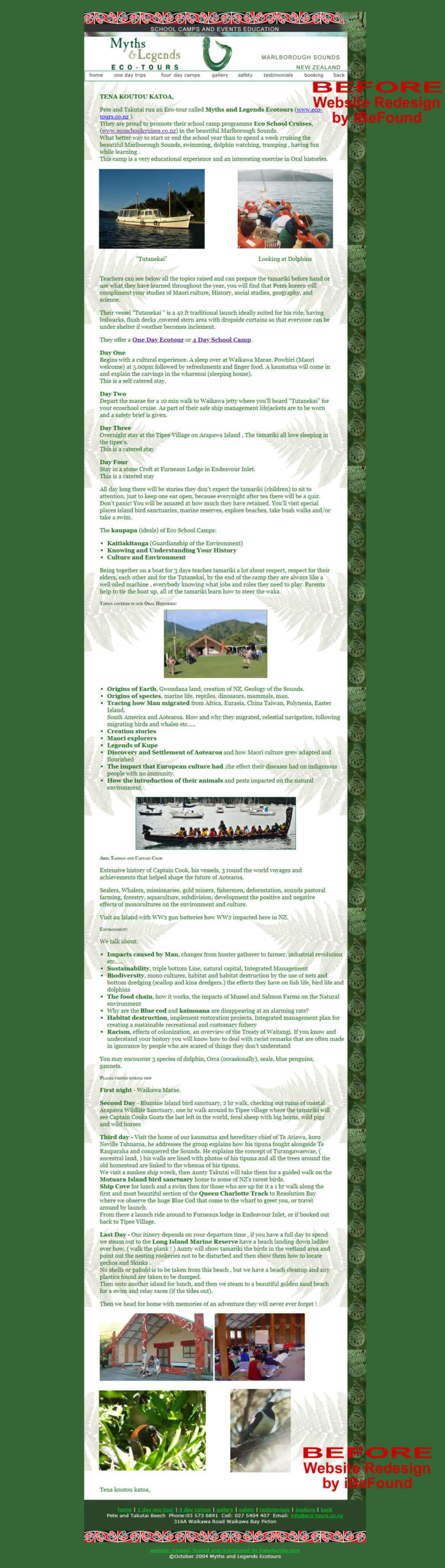 Homepage Of Maori Eco School Cruises Before Website Redesign By IBeFound Digital Marketing Division