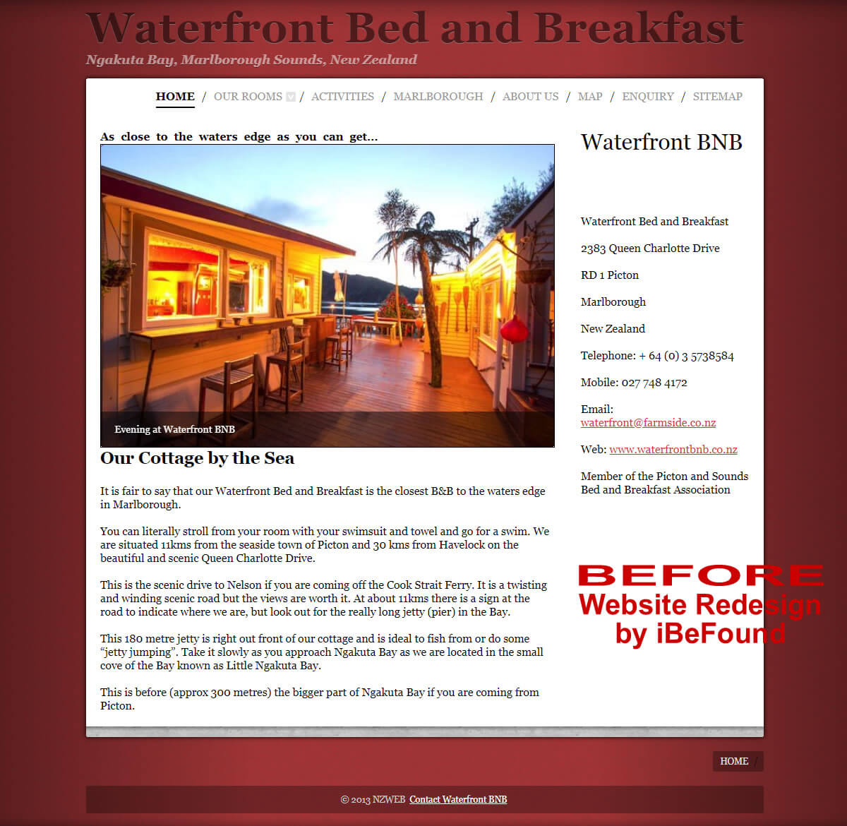 Homepage Of Waterfront Bed And Breakfast Before Website Redesign By IBeFound Digital Marketing Division