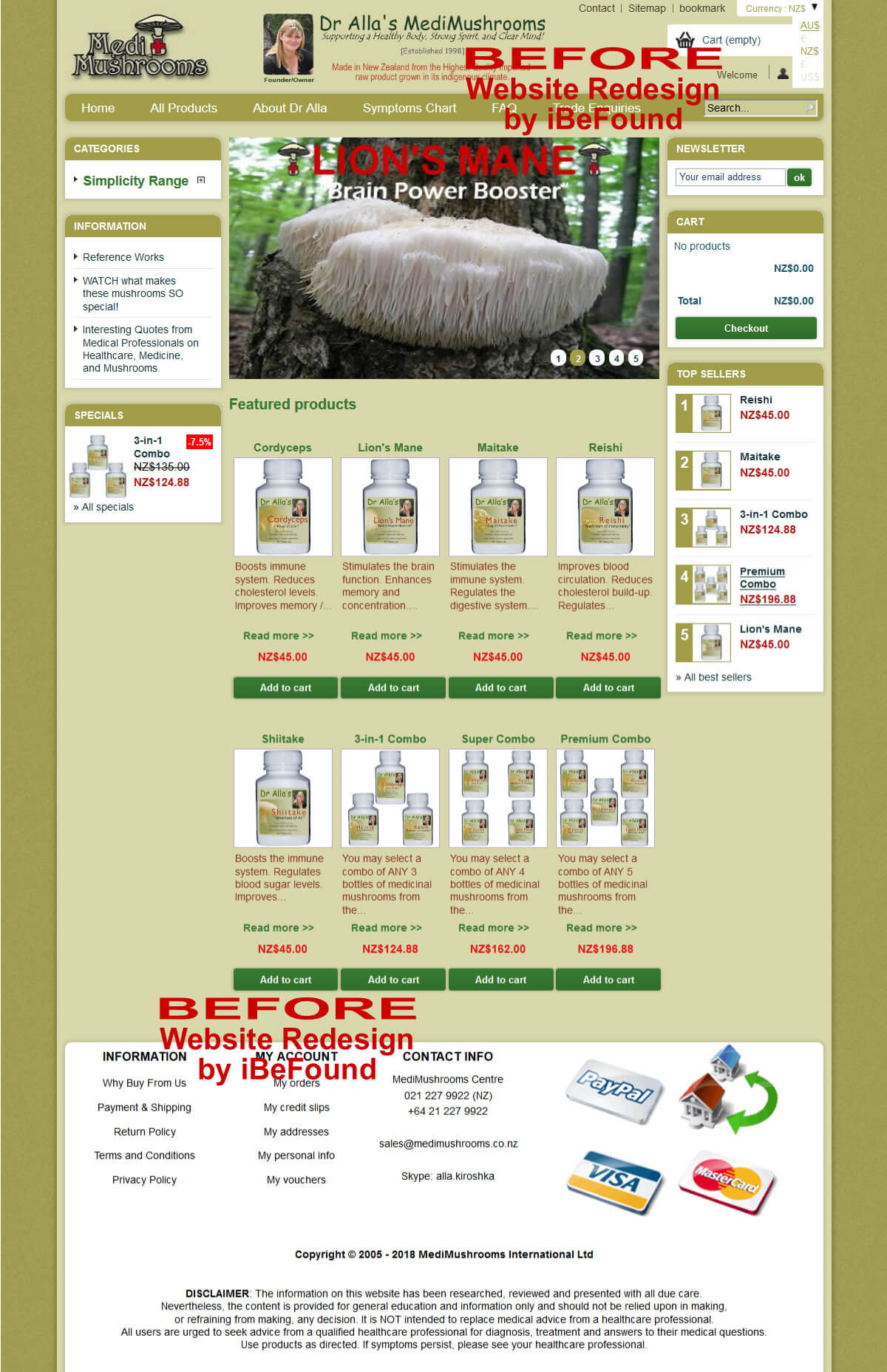 Homepage Of MediMushrooms International Ltd Before Website Redesign By IBeFound Digital Marketing Division