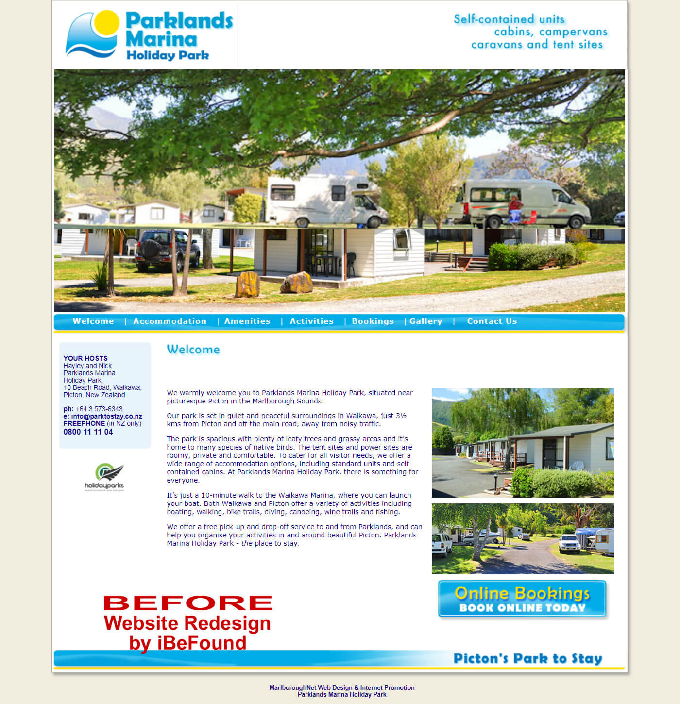 Homepage Of Parklands Marina Holiday Park In Picton Before Website Redesign By IBeFound