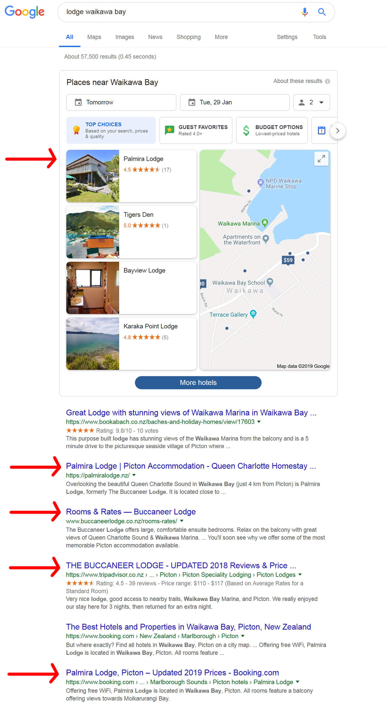 SERP Results For Palmira Lodge In Picton Main Keyword On 2019-01-27