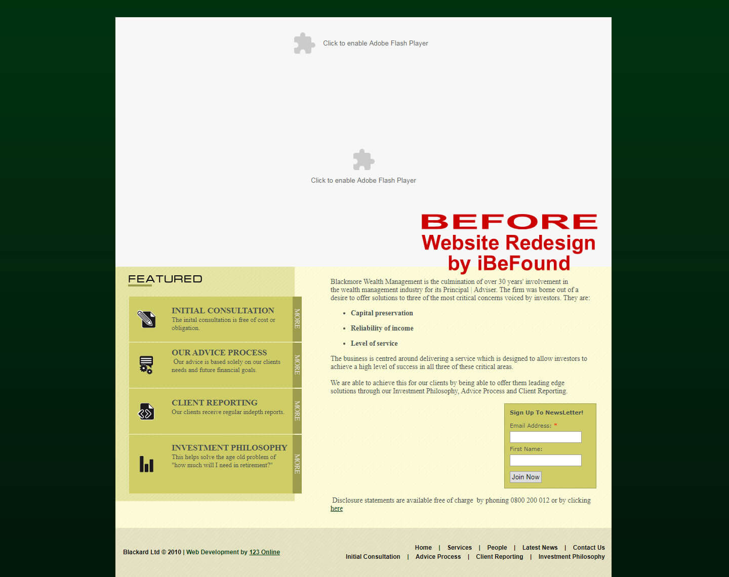Homepage Of Blackmore Wealth Management Before Website Redesign By IBeFound Digital Marketing