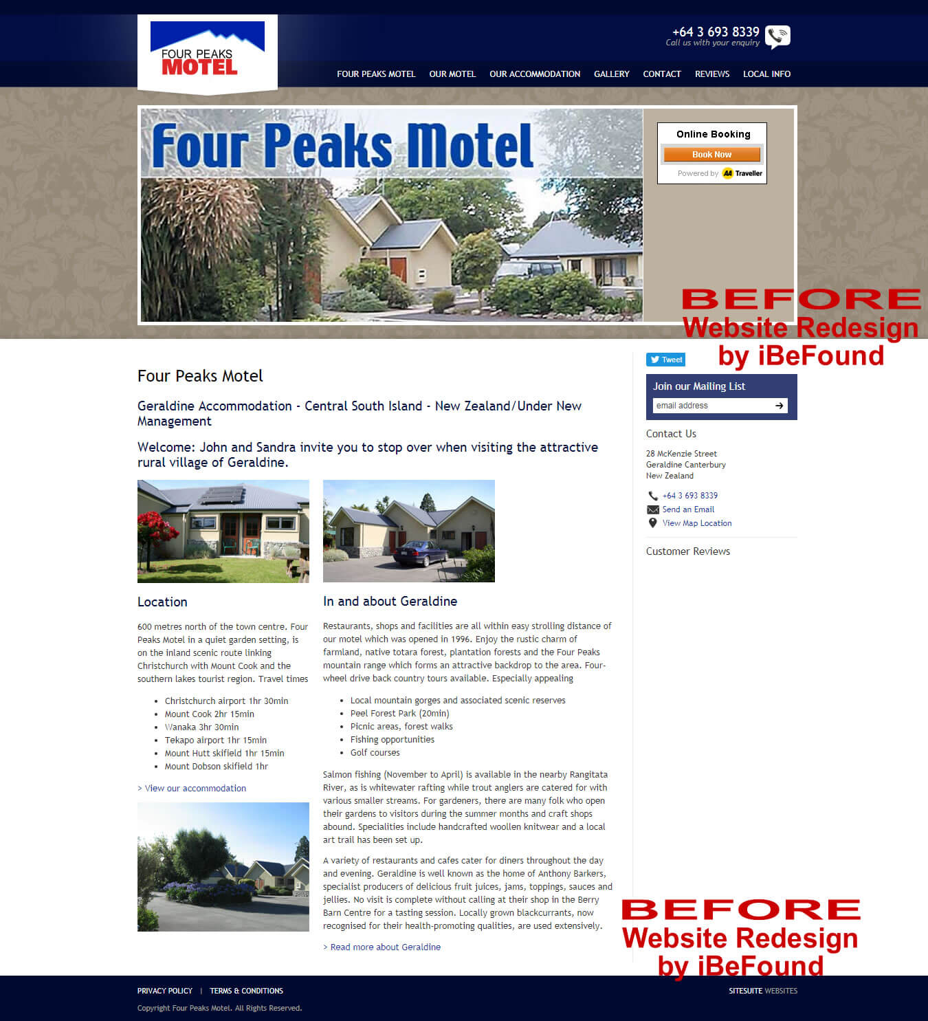 Homepage Of Four Peaks Motel Before Website Redesign By iBeFound Digital Marketing